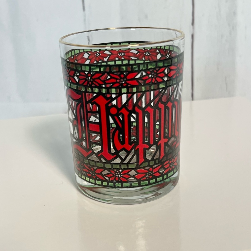 Vintage 1970s Houze "Happy Holidays" Stained Glass Lowball Tumbler